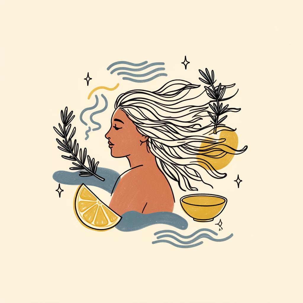 Editorial illustration of a woman surrounded by herbs, citrus, and gentle wave motifs